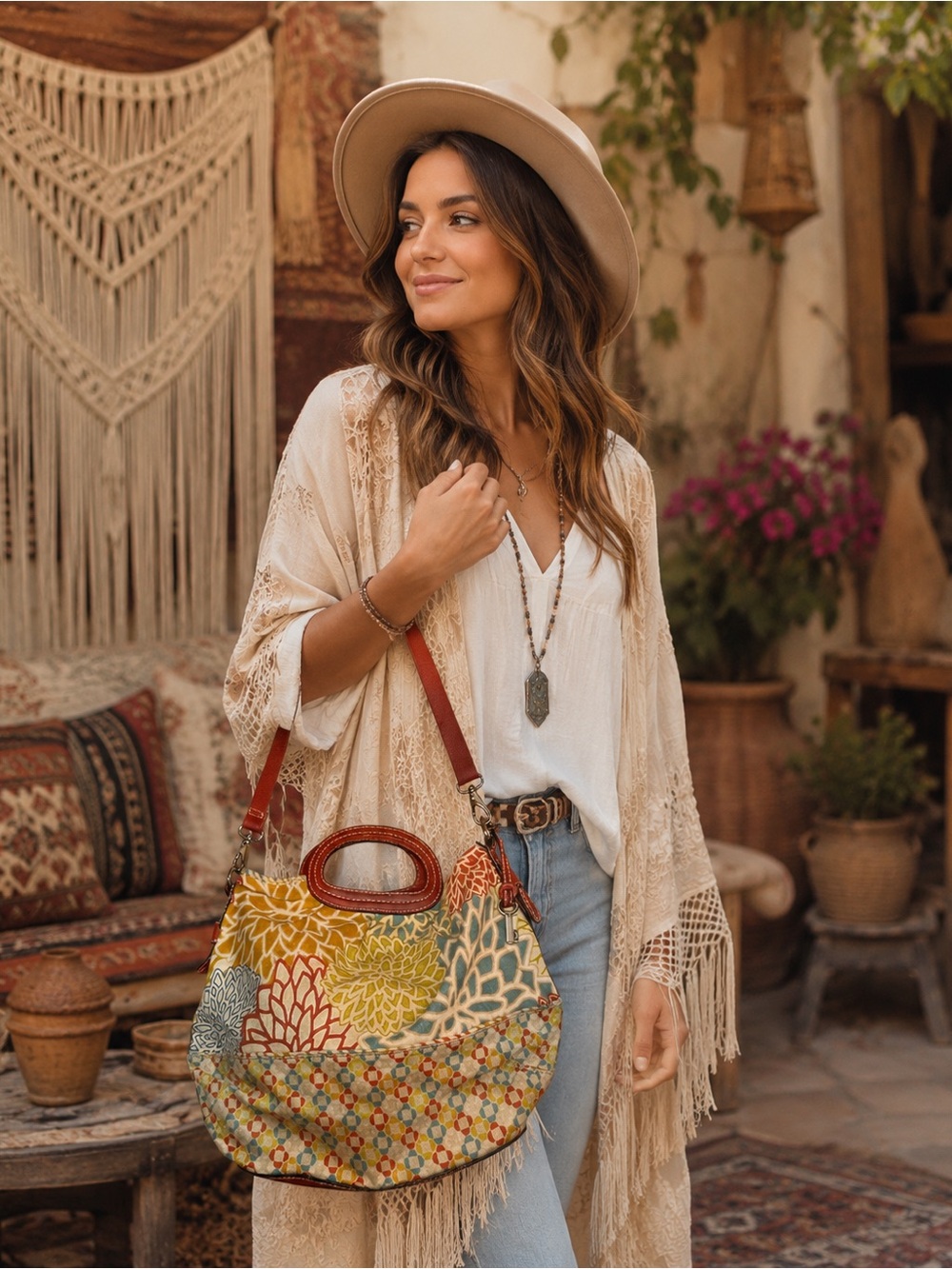 Fossil Floral Canvas Satchel Crossbody Bag Leather Trim Cutout Handles Boho Y2K